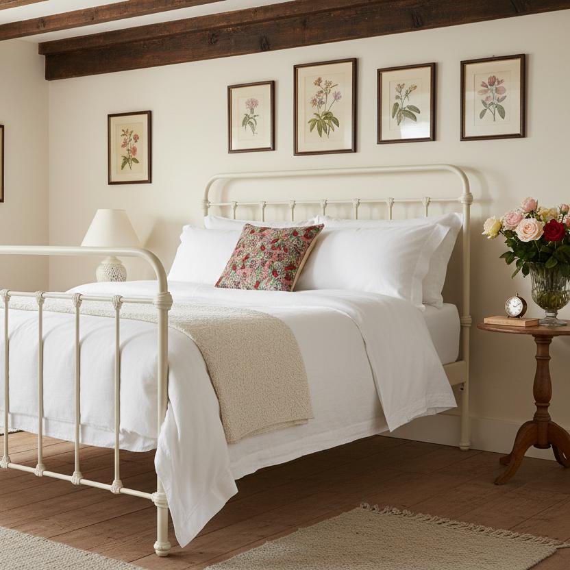 Wild strawberry tapestry cushion cottage bedroom white linen UK country home