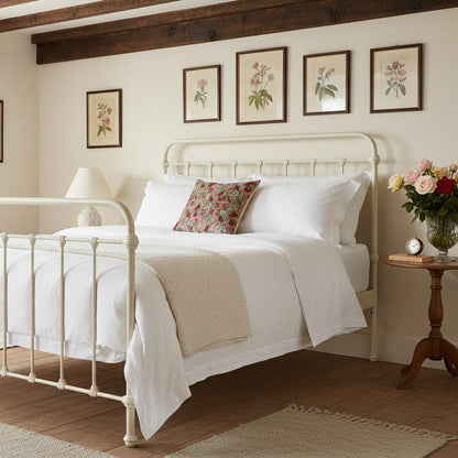 Wild strawberry tapestry cushion cottage bedroom white linen UK country home