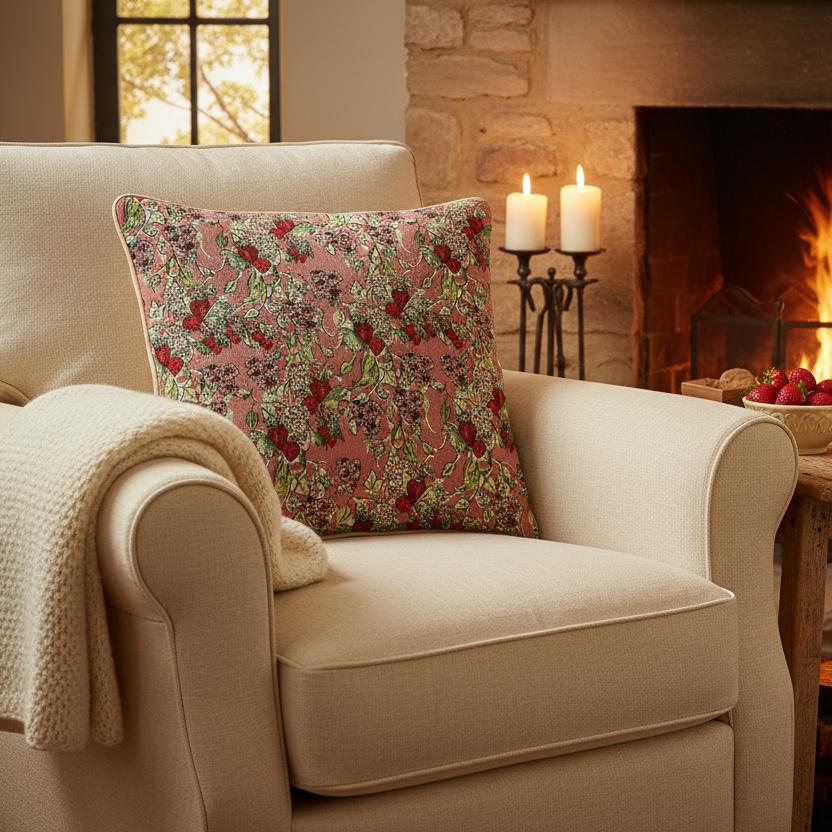 Wild strawberry tapestry cushion fireside armchair cottage living UK interior