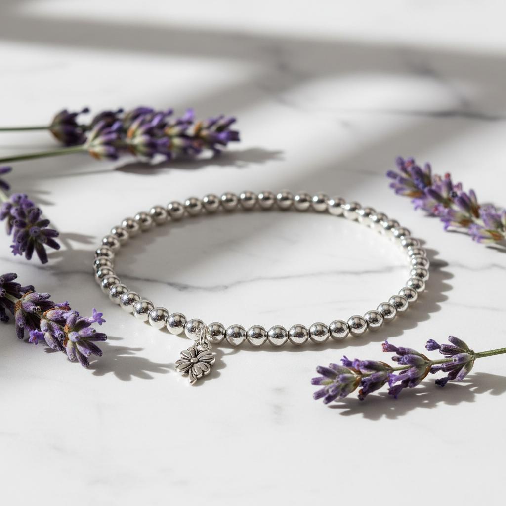 Wildflower charm silver beaded bracelet detail Mother's Day jewellery UK