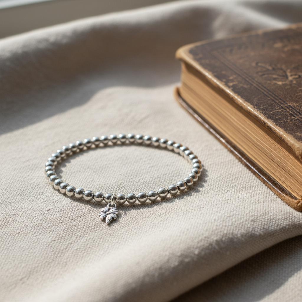 Wildflower silver beaded bracelet flower charm Mother's Day gift UK