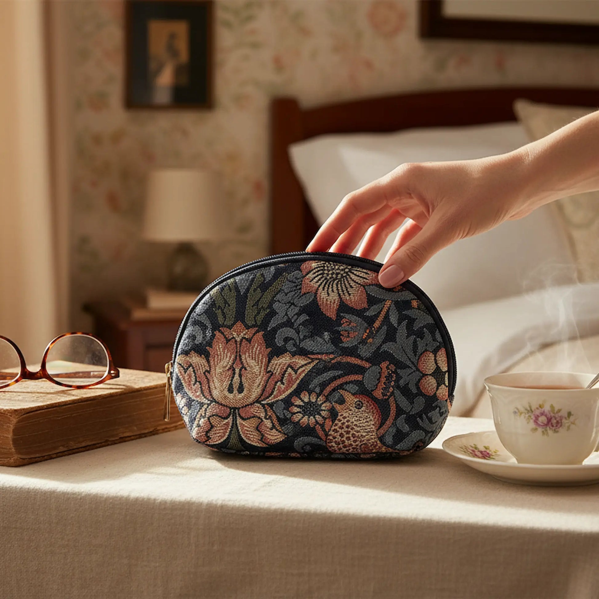 William Morris blue cosmetic bag UK bedside table morning routine Arts & Crafts heritage styling
