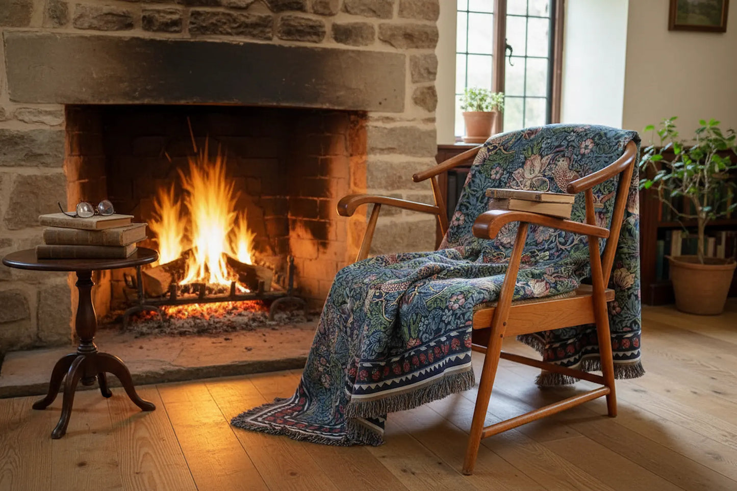 William Morris blue throw blanket UK on vintage armchair fireside heritage country home styling
