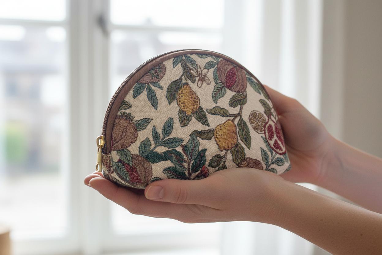 William Morris tapestry cosmetic bag compact size detail UK