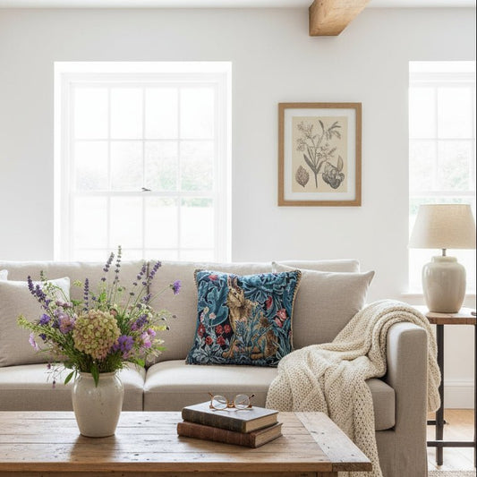 William Morris Forest Hare cushion on neutral sofa, double-sided tapestry, modern country home styling