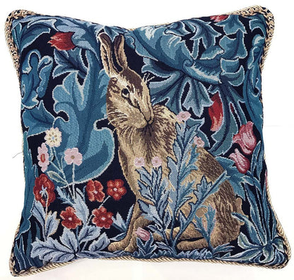 William Morris Forest Hare cushion, double-sided tapestry design, shown on plain background for product detail clarity