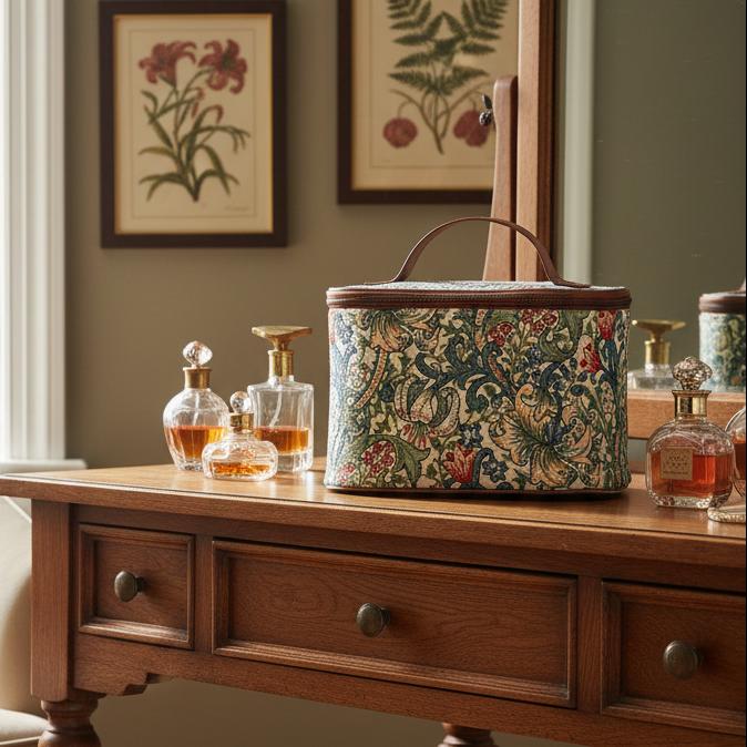 William Morris Golden Lily bag wooden dressing table elegant bedroom styling