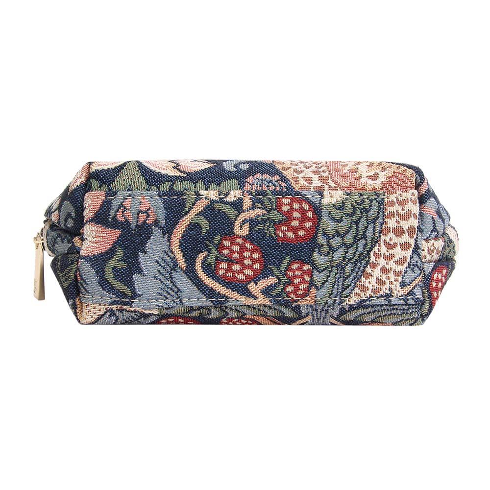 William Morris Strawberry Thief blue cosmetic bag UK base view showing tapestry construction
