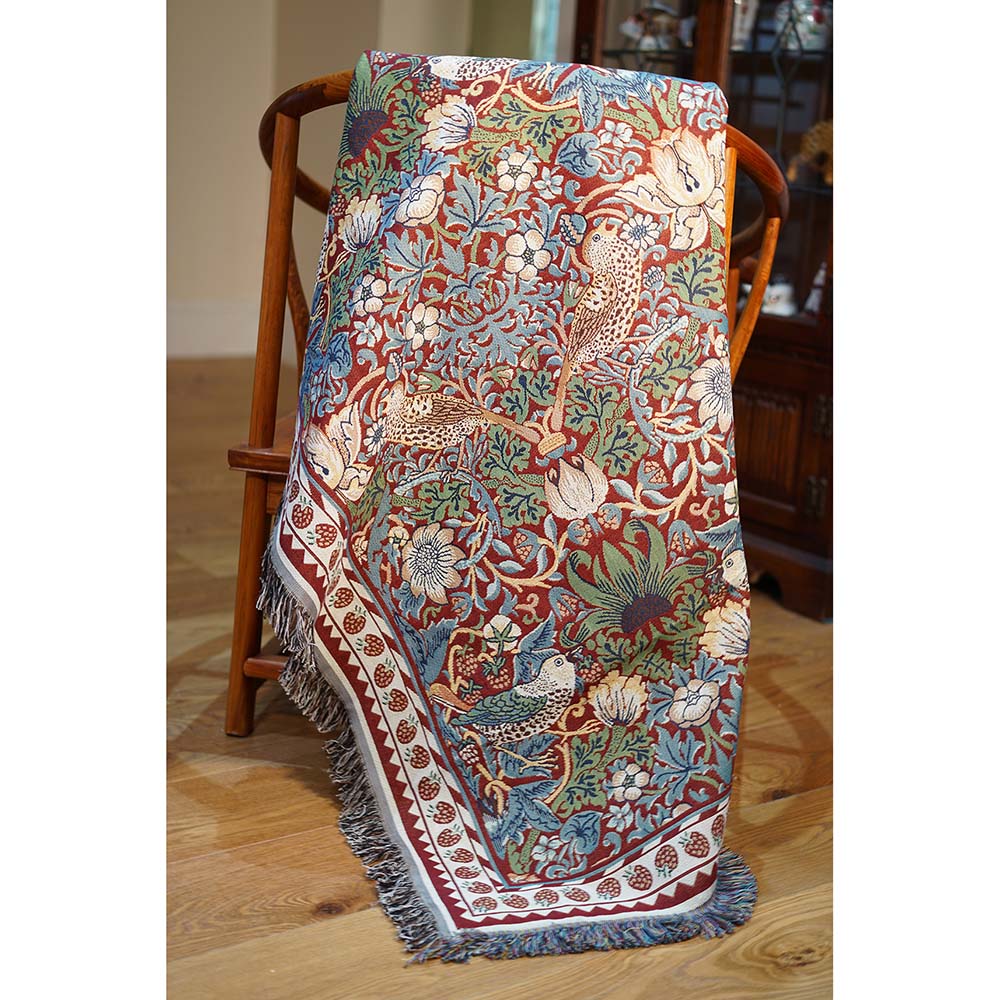 William Morris Strawberry Thief red tapestry throw blanket UK

