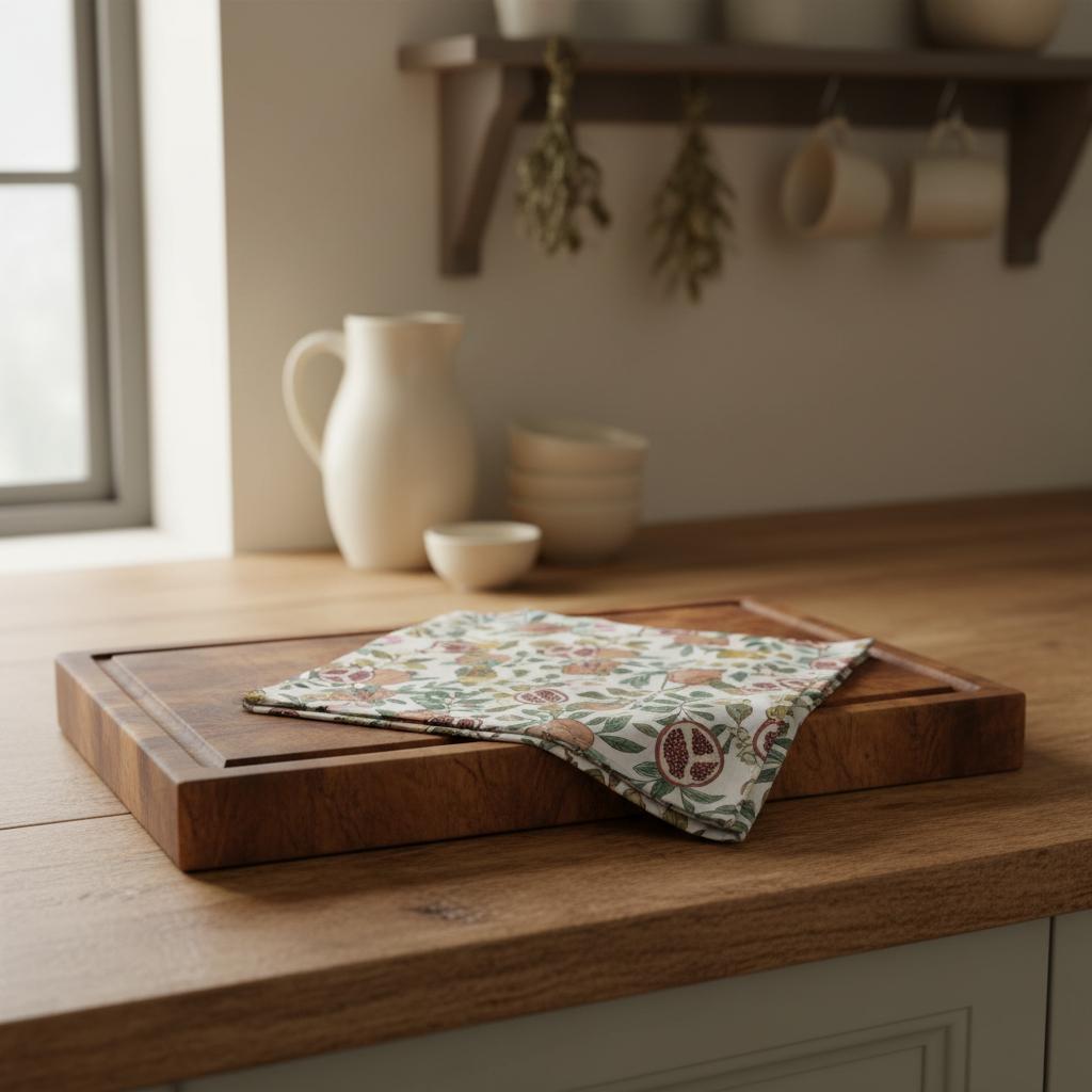 William Morris tea towel on vintage breadboard cottage kitchen UK
