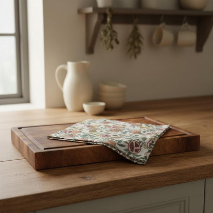 William Morris tea towel on vintage breadboard cottage kitchen UK