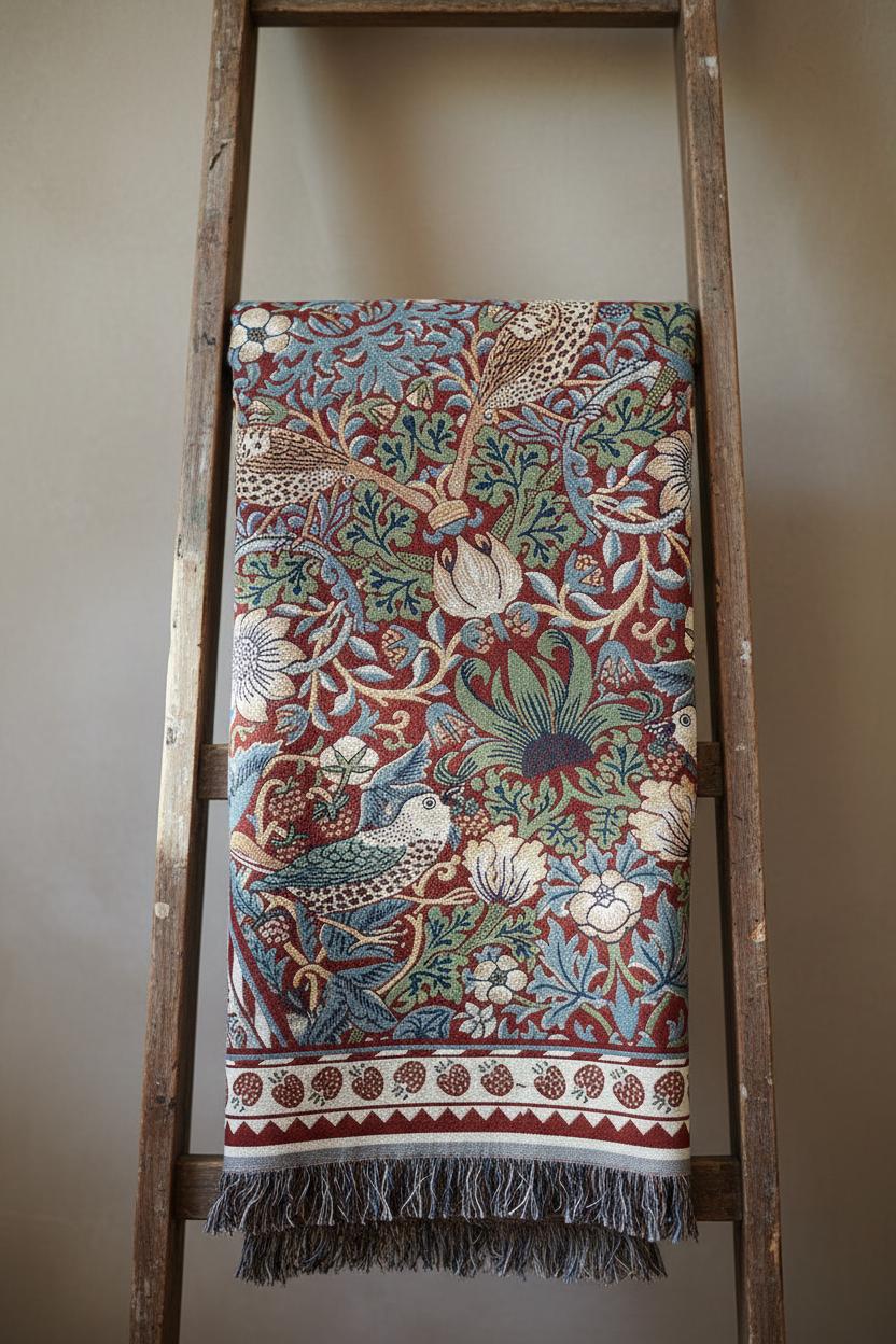 William Morris tapestry throw close-up Jacquard weave fringe detail
