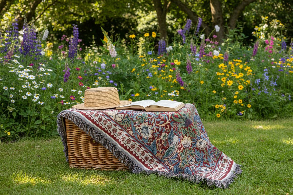 William Morris Strawberry Thief throw outdoor garden picnic UK

