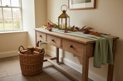  Willow green muslin cotton runner on rustic sideboard with wicker log basket brass lantern cottage hallway UK