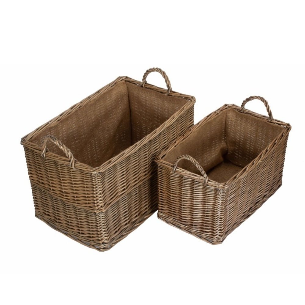 Two Willowmere wicker baskets in antique wash with hessian lining, open top view on blank background