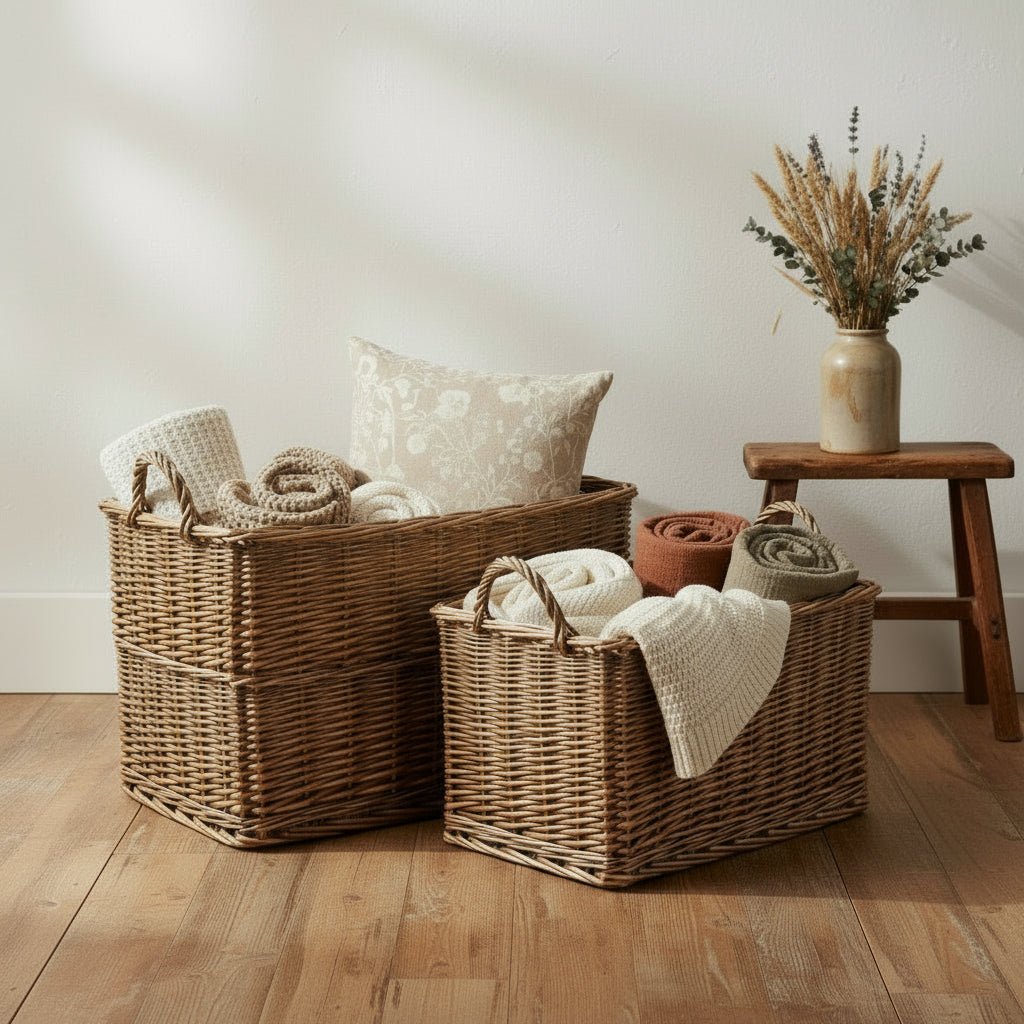 Two Willowmere wicker baskets in antique wash with hessian lining, storing cushions and throws in rustic home setting