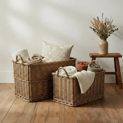 Two Willowmere wicker baskets in antique wash with hessian lining, storing cushions and throws in rustic home setting