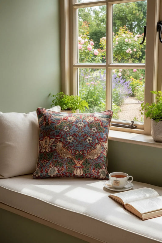Strawberry Thief red cushion on cottage window seat UK heritage Arts & Crafts styling