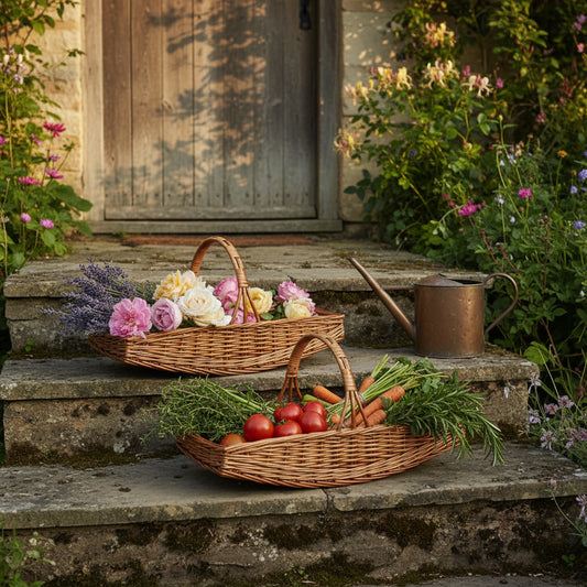 Two Wisley Trug double steamed willow garden baskets filled with flowers and vegetables on cottage steps