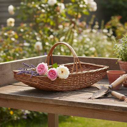 Single Wisley Trug double steamed willow garden basket displayed on potting table with a few flowers