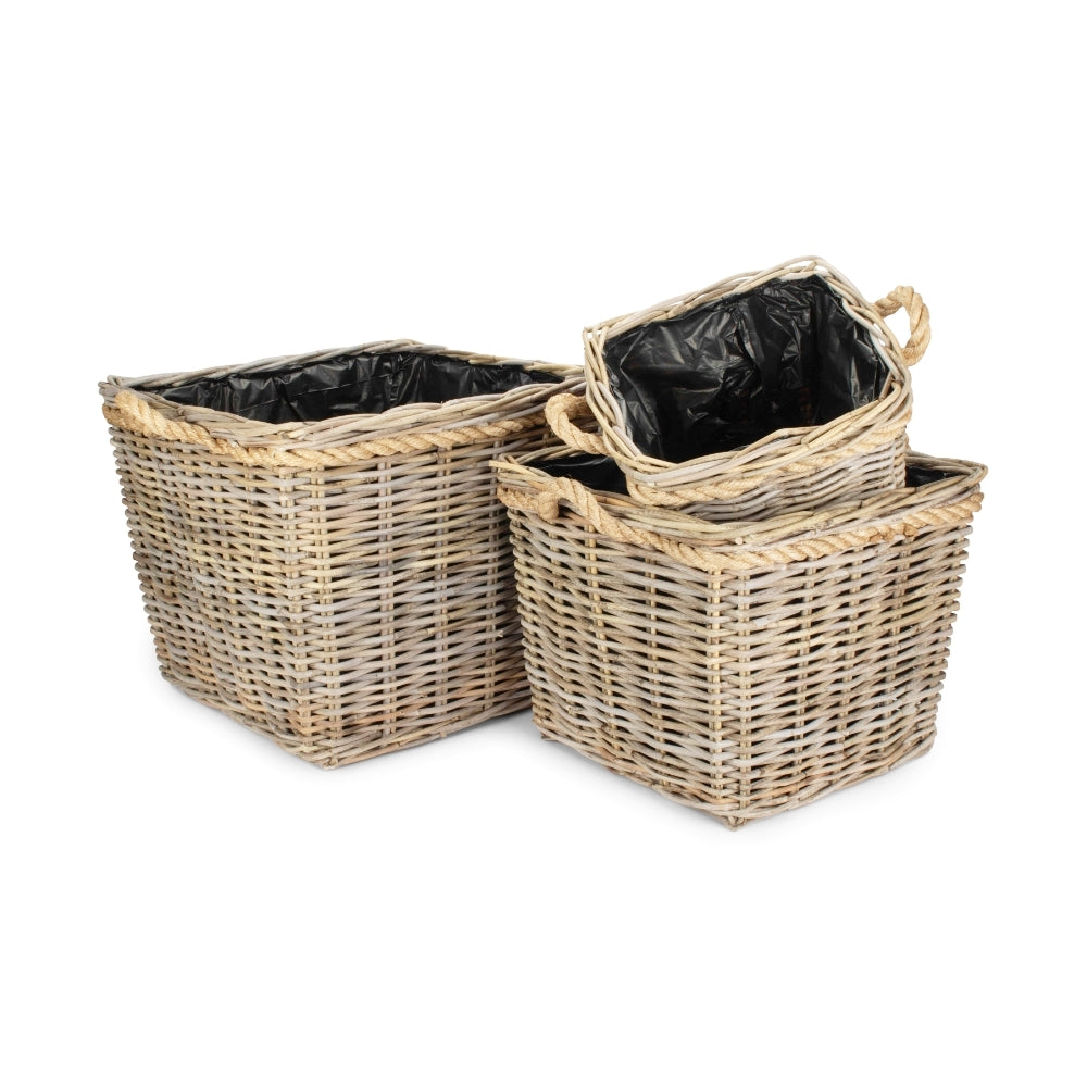 Grey kubu rattan planter with rope handles for indoor plants UK