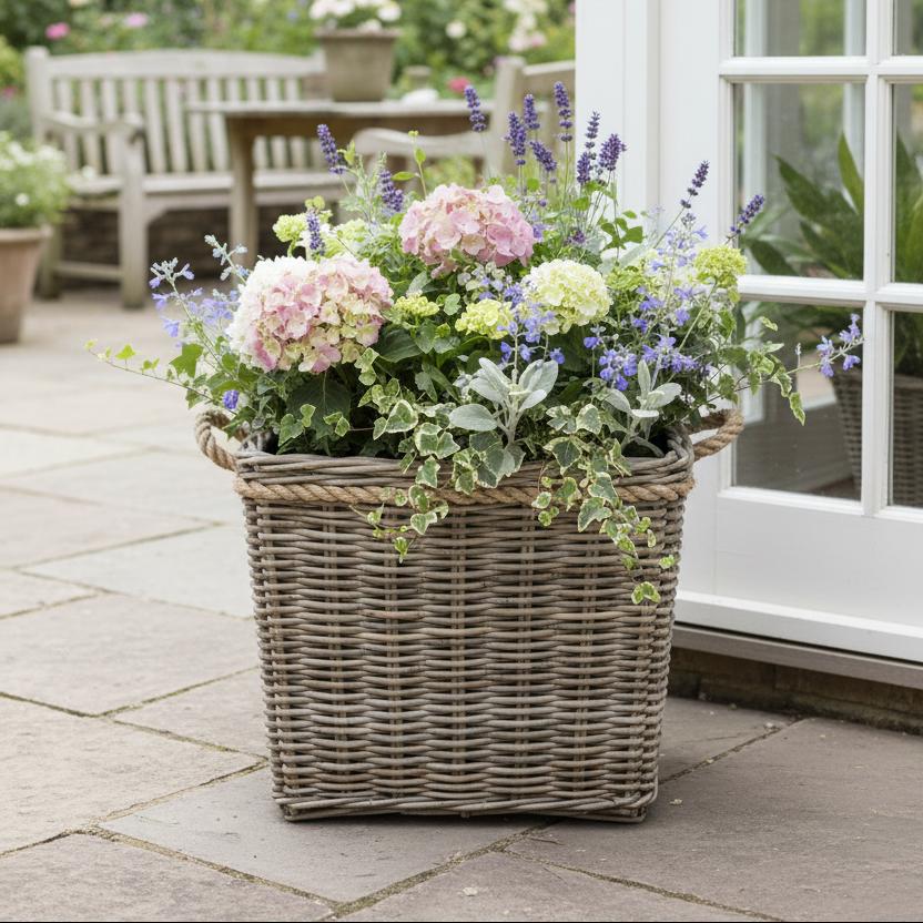 Large grey kubu rattan planter with seasonal blooms garden room UK