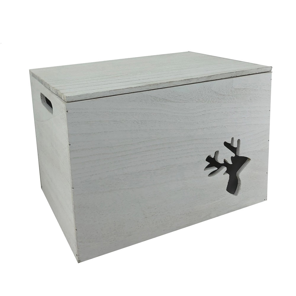 Wooden Christmas reindeer keepsake box in natural wood with festive styling shown on blank background