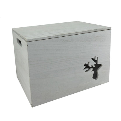 Wooden Christmas reindeer keepsake box in natural wood with festive styling shown on blank background