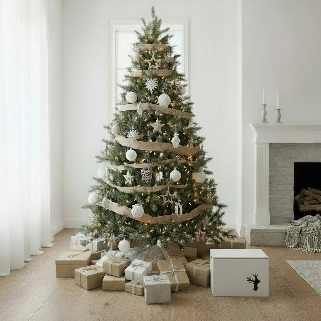 Wooden Christmas reindeer keepsake box in natural wood under rustic tree with soft festive styling and countryside charm
