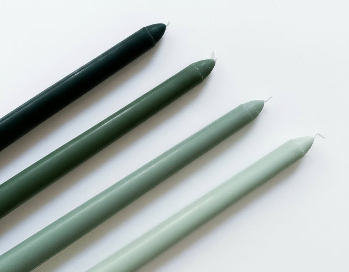 Woodland taper candles 4 rustic scented green close view showing texture and colour
