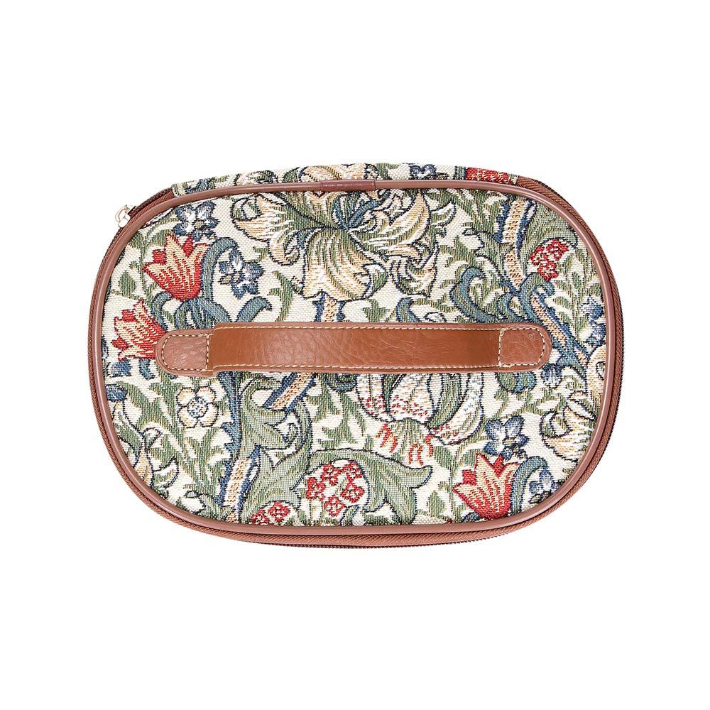 Woven tapestry toiletry bag Golden Lily interior elastic brush straps