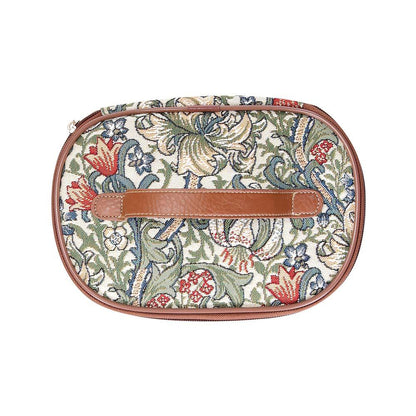 Woven tapestry toiletry bag Golden Lily interior elastic brush straps