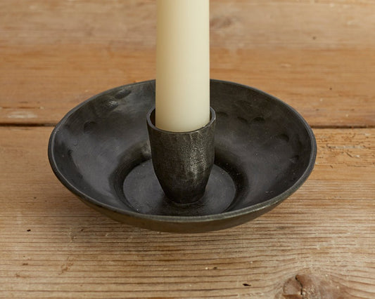 Close up of Wroughtmoor iron candle holder antique black compact accent
