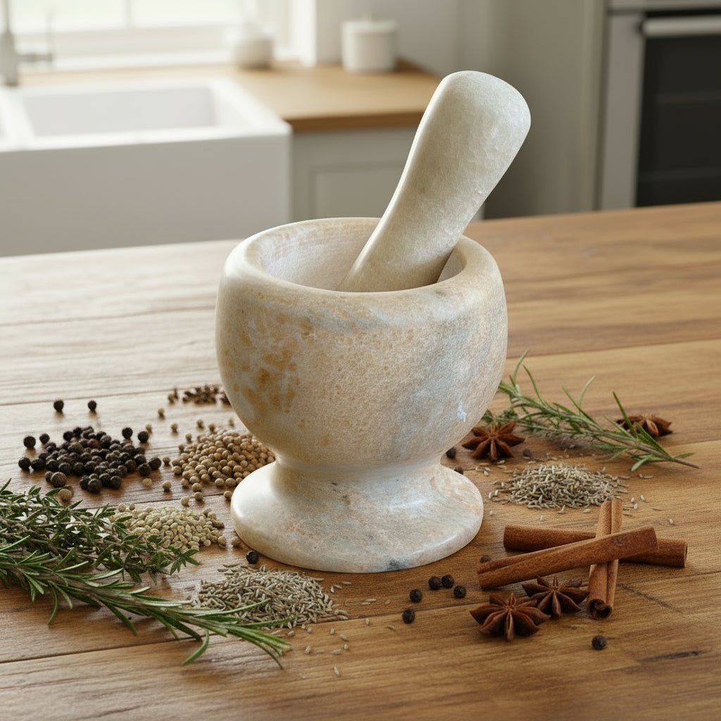 Yellow-beige polished marble pestle and mortar in rustic country kitchen surrounded by herbs and spices