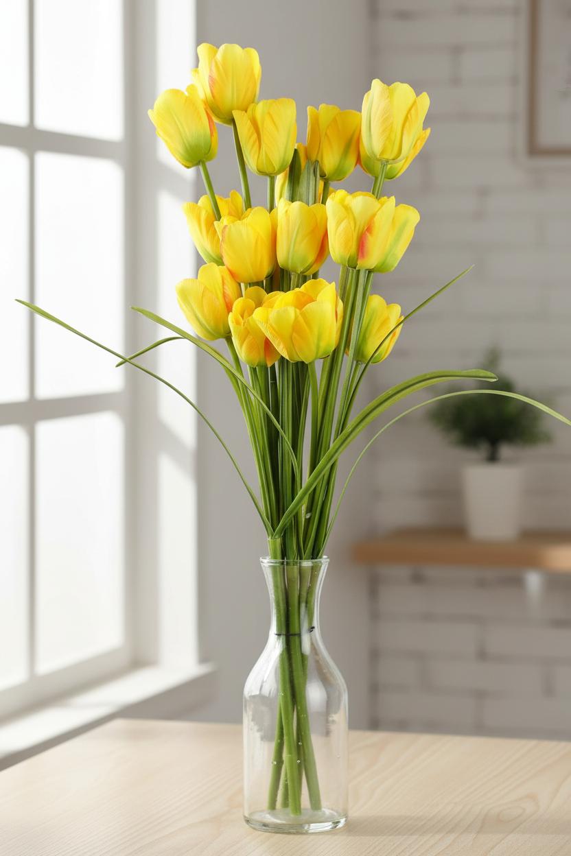 Yellow tulip stems vase close-up silk petals UK elegant spring flowers